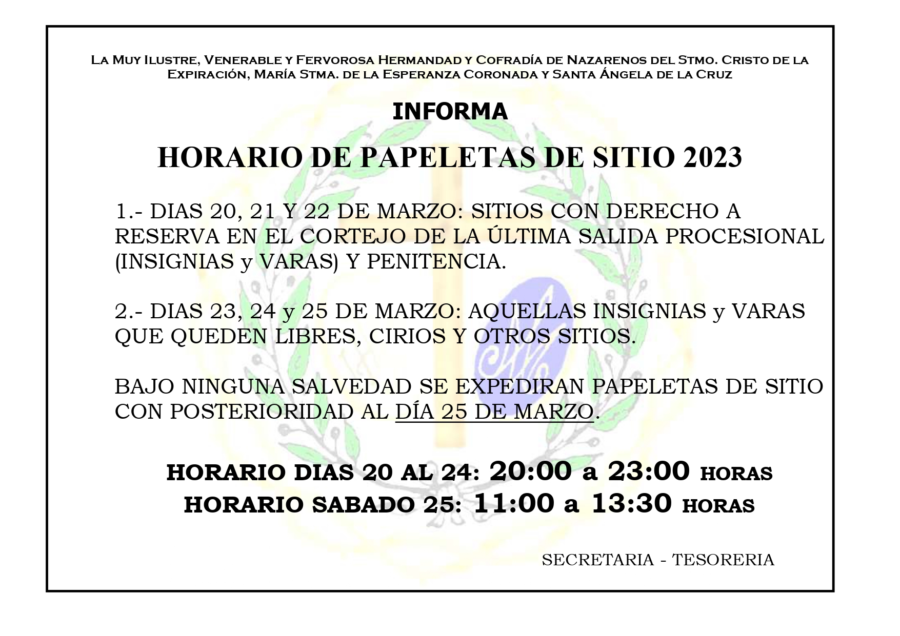 Horario de papeletas de sitio 2023